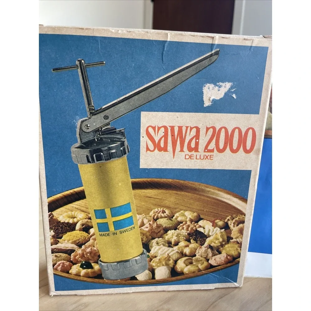 Vintage SAWA 2000 Deluxe Metal Cookie Press Decorator Gun w/Box Sweden Complete